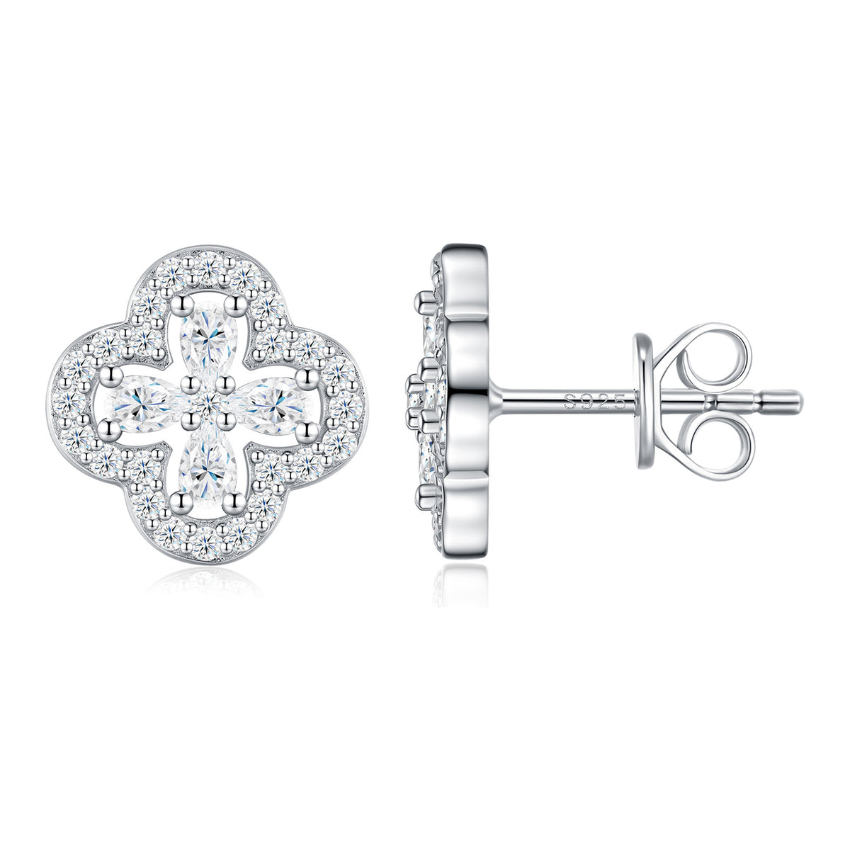 Buonasorte Moissanite Clover Halo Stud Earrings in Sterling Silver