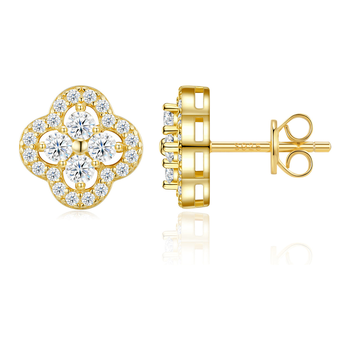 Evviva Moissanite Clover Stud Earrings in Gold-Tone Sterling Silver