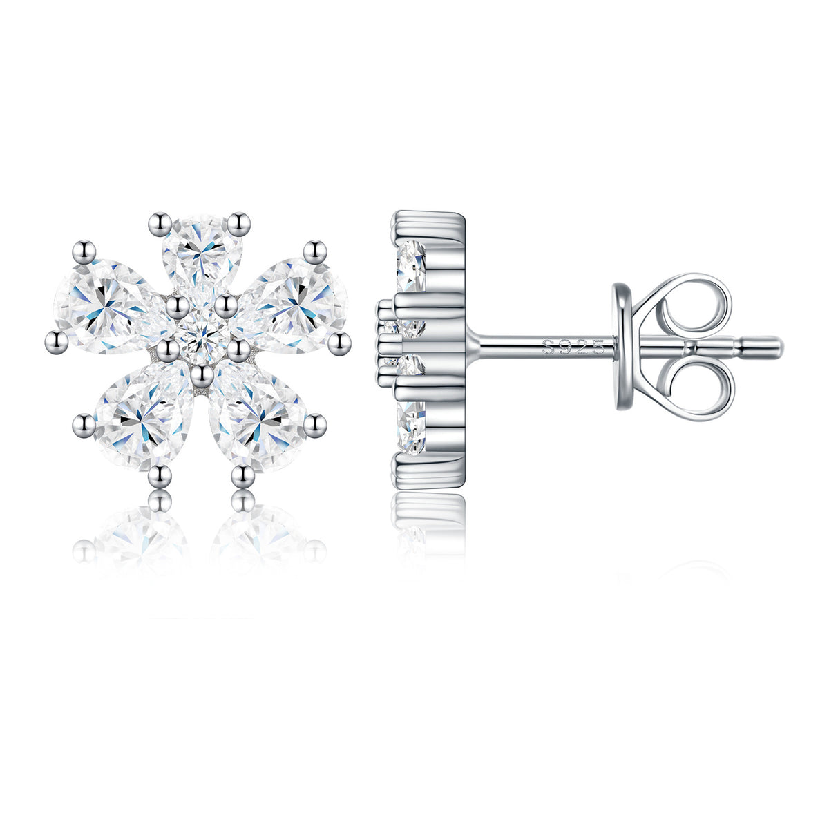 Eglantine Pear-Cut Moissanite Flower Stud Earrings in Sterling Silver