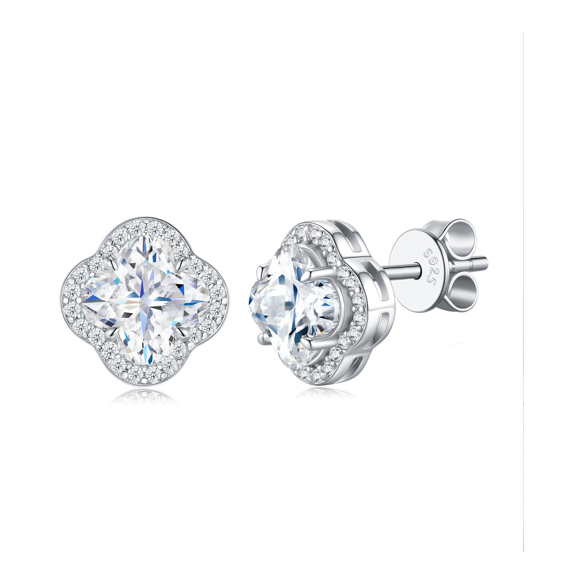 Fortunella Moissanite Clover Halo Stud Earrings in Sterling Silver