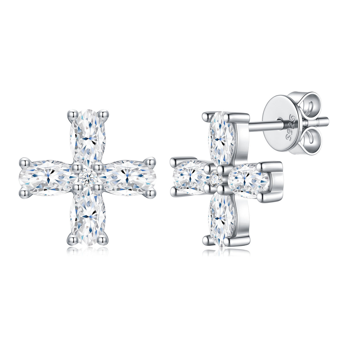 Fedelta Oval-Cut Moissanite Cross Stud Earrings in Sterling Silver