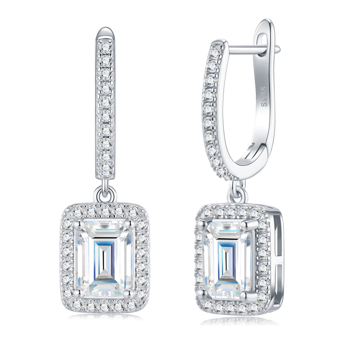 Dinastia Emerald-Cut Moissanite Halo Drop Earrings in Sterling Silver