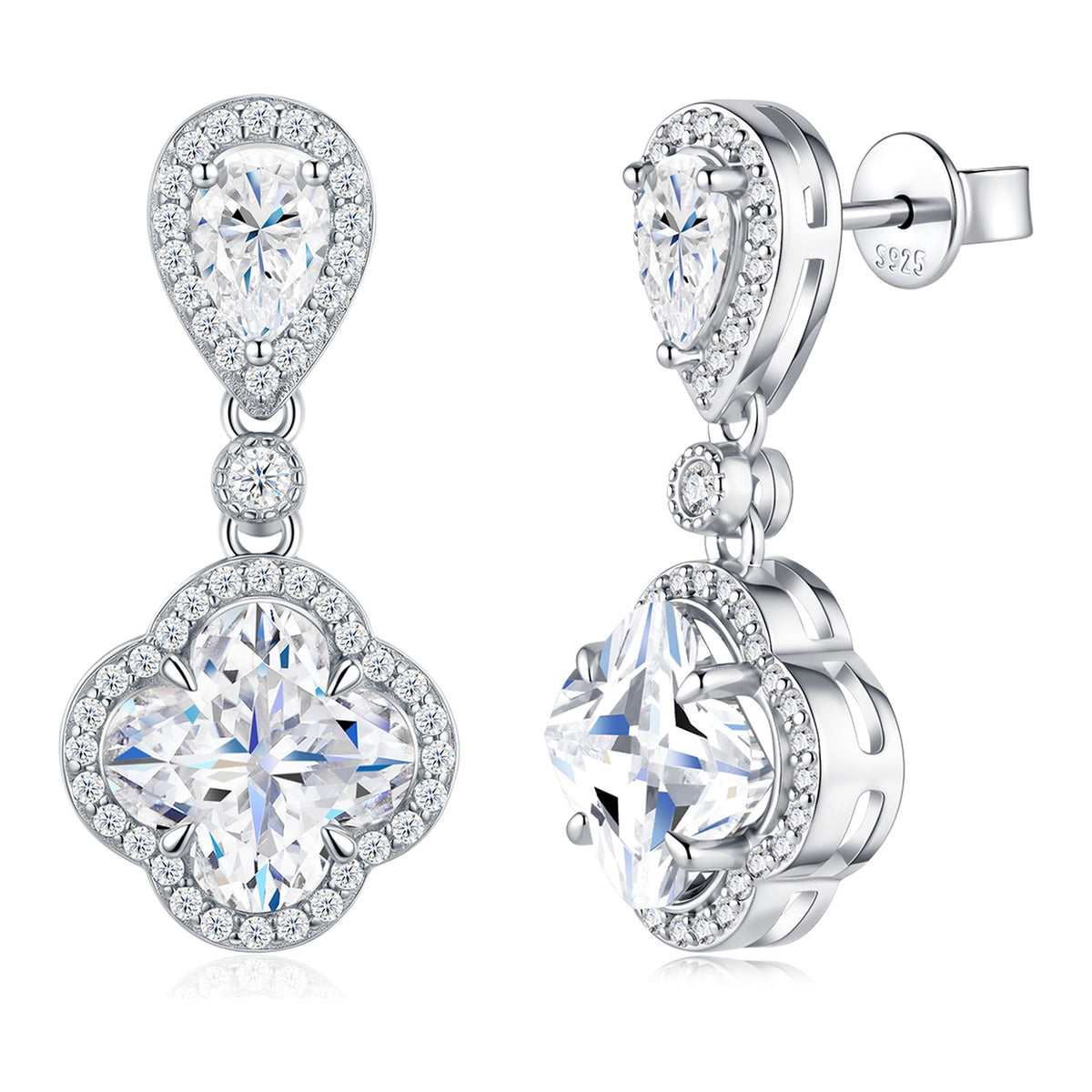 Duchessa Moissanite Clover Halo Drop Earrings in Sterling Silver