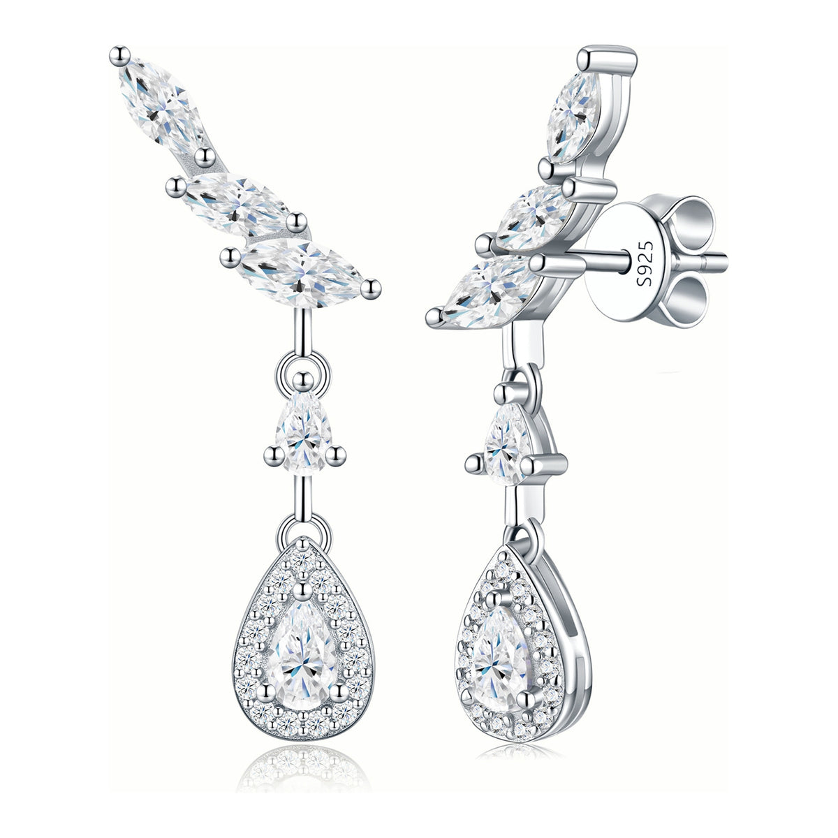 Fruscio Pear-Cut Moissanite Climber Drop Earrings in Sterling Silver
