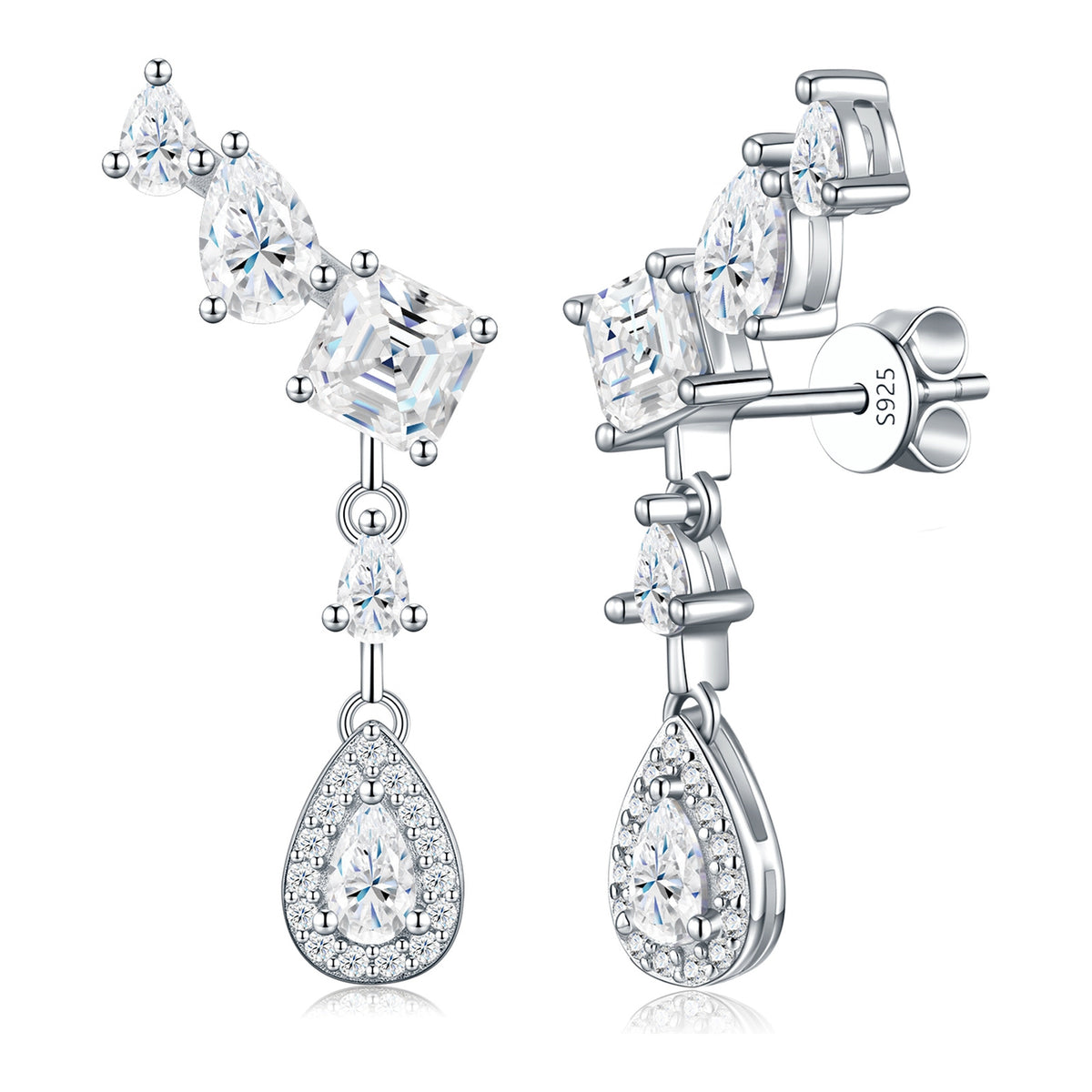 Elevata Moissanite Climber Drop Earrings in Sterling Silver