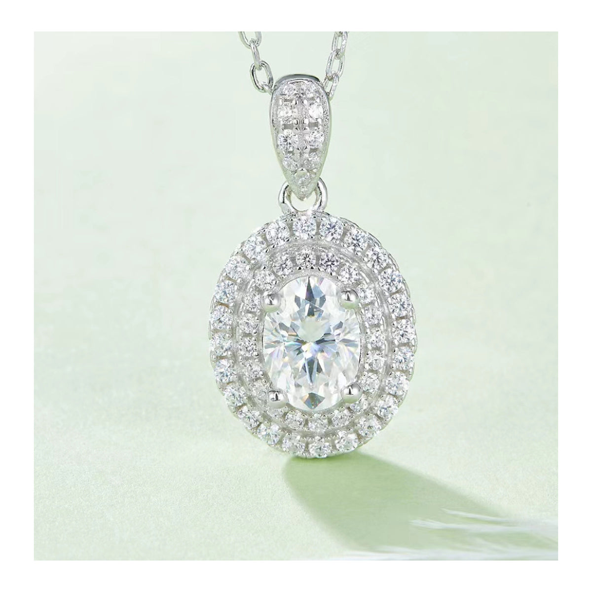 Heirloom Oval-Cut Moissanite Double Halo Necklace in Sterling Silver