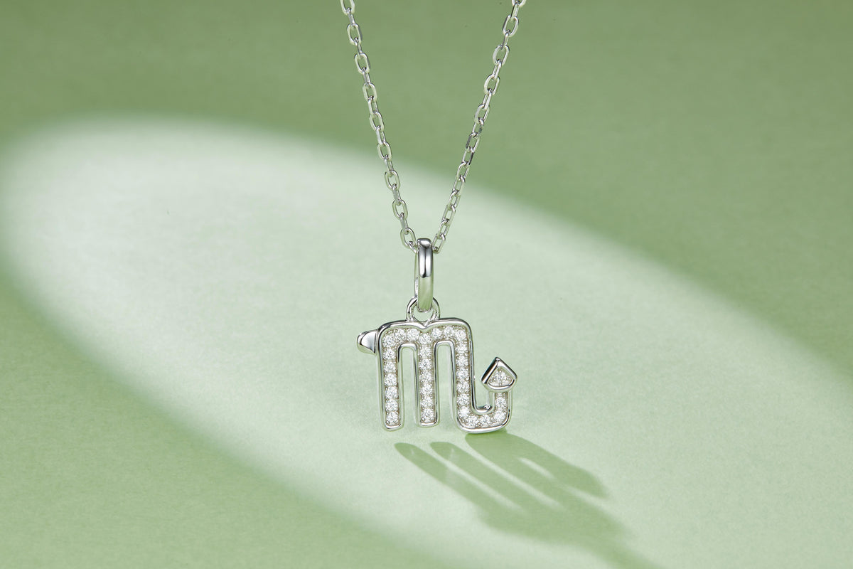 Intensa Moissanite Pavé Scorpio Zodiac Pendant Necklace in Sterling Silver, styled product photo