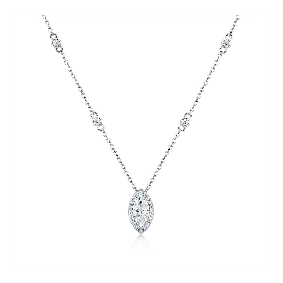 Galatea Moissanite Marquise Halo Station Necklace in Sterling Silver