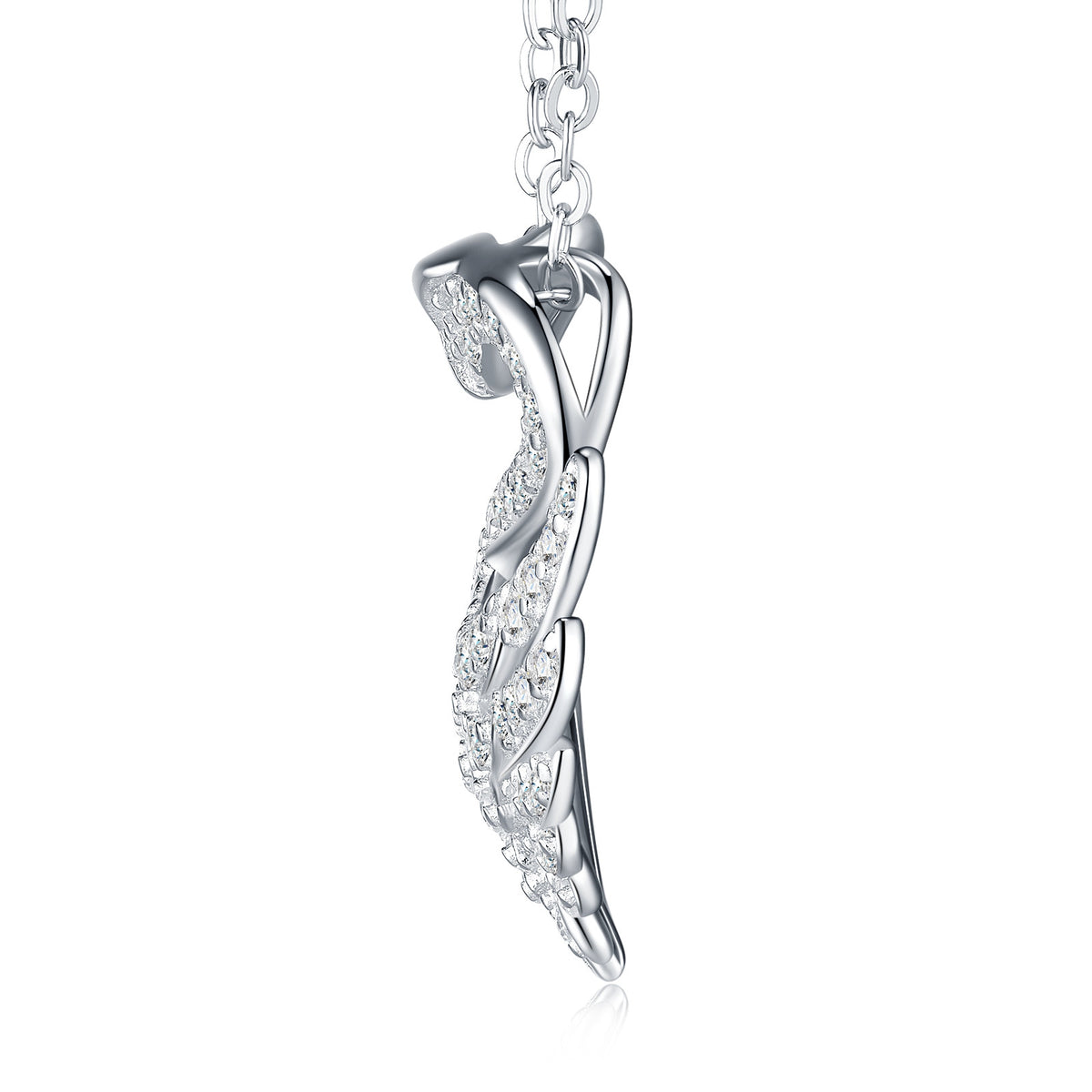 Glissade Moissanite Pavé Swan Pendant Necklace in Sterling Silver, product photo on white background