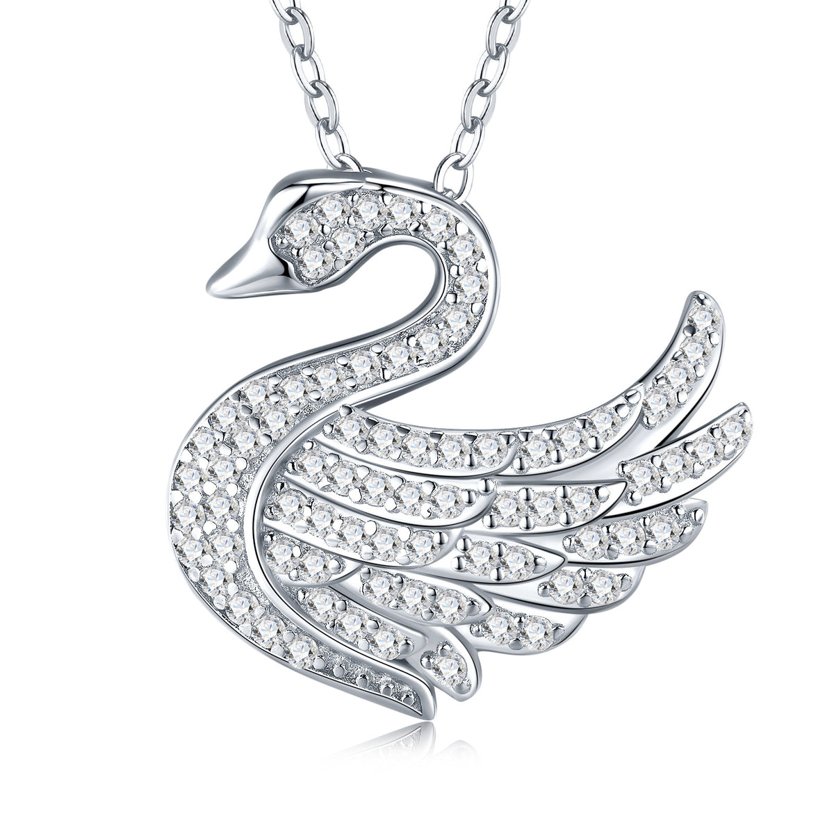 Glissade Moissanite Pavé Swan Pendant Necklace in Sterling Silver, product photo on white background