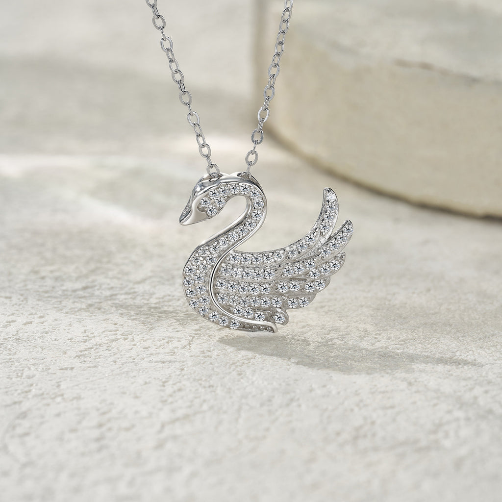 Glissade Moissanite Pavé Swan Pendant Necklace in Sterling Silver, styled product photo