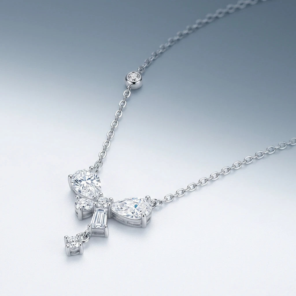 Galante Moissanite Bow Pendant Necklace in Sterling Silver, styled product photo