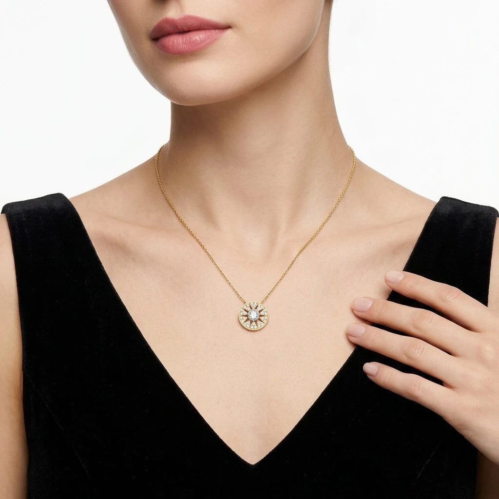 Glow 1 Carat Moissanite Sunburst Necklace in Gold-Tone Sterling Silver, shown worn