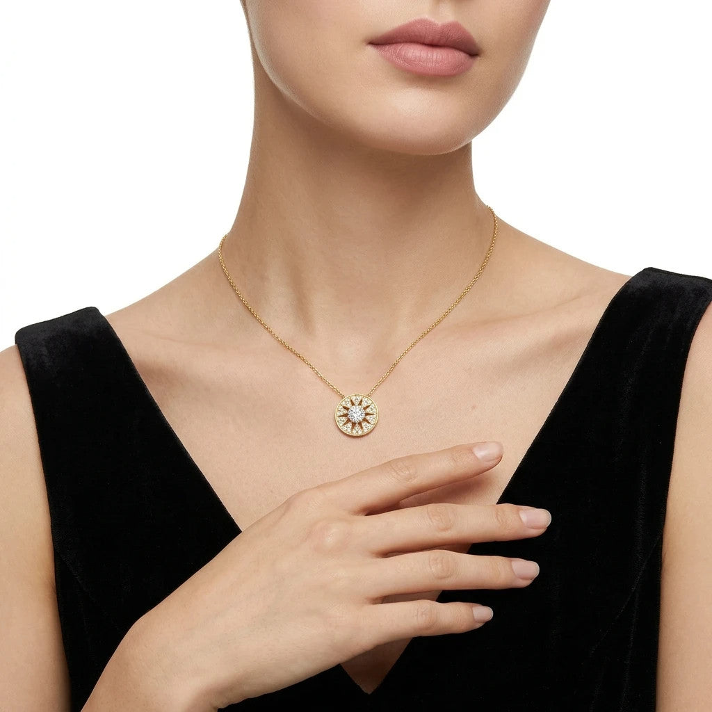 Glow 1 Carat Moissanite Sunburst Necklace in Gold-Tone Sterling Silver, shown worn