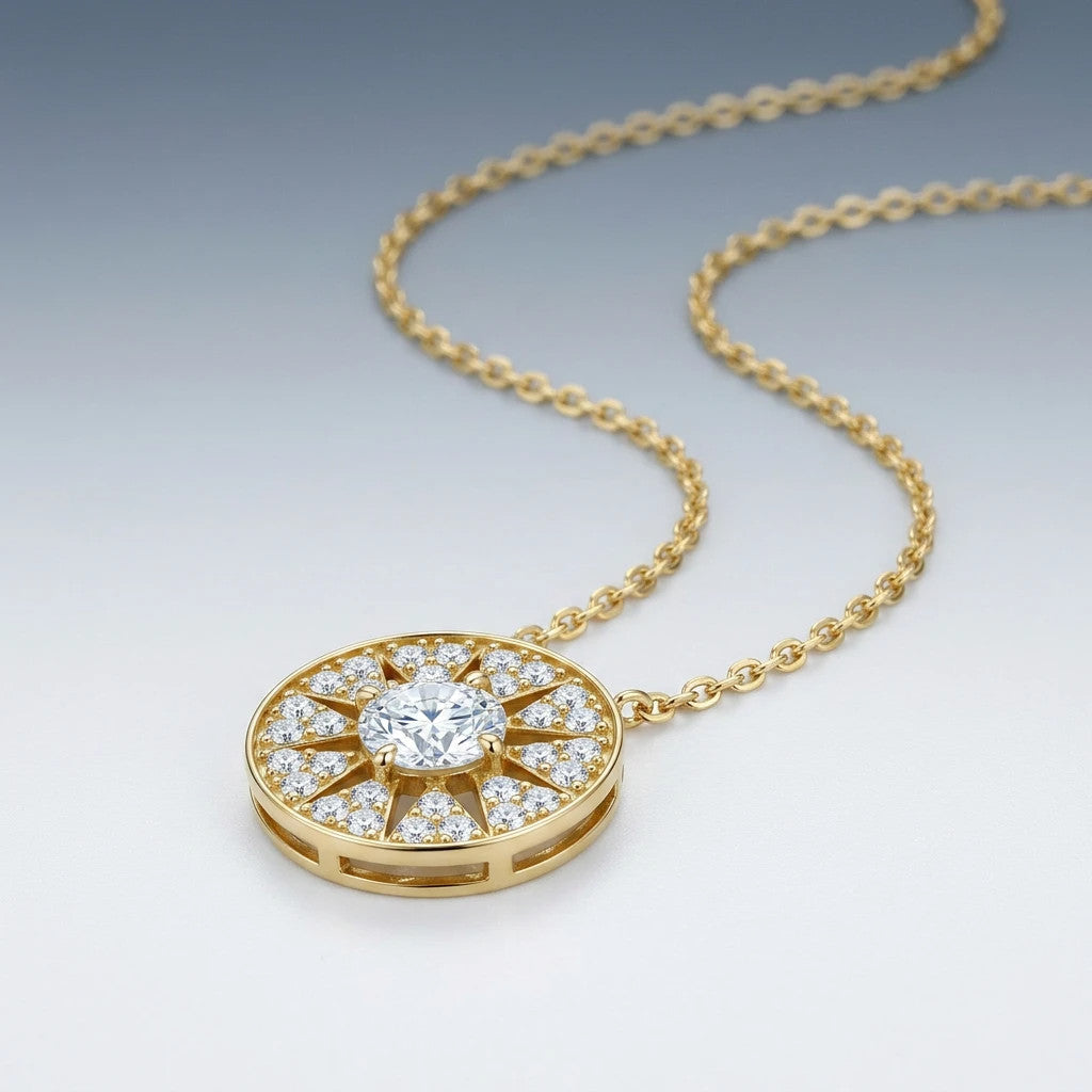 Glow 1 Carat Moissanite Sunburst Necklace in Gold-Tone Sterling Silver, styled product photo
