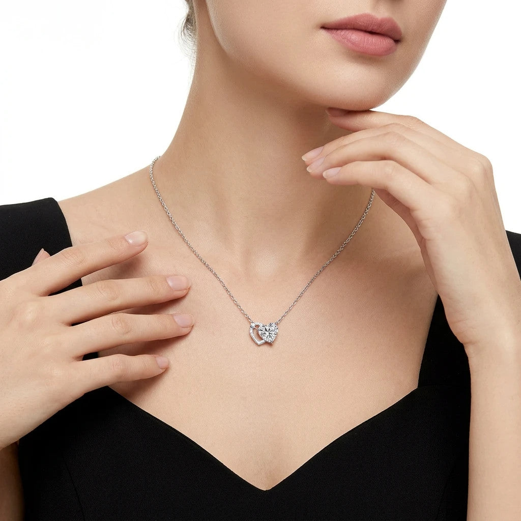 Inseparabile Moissanite Double Heart Necklace in Sterling Silver, shown worn