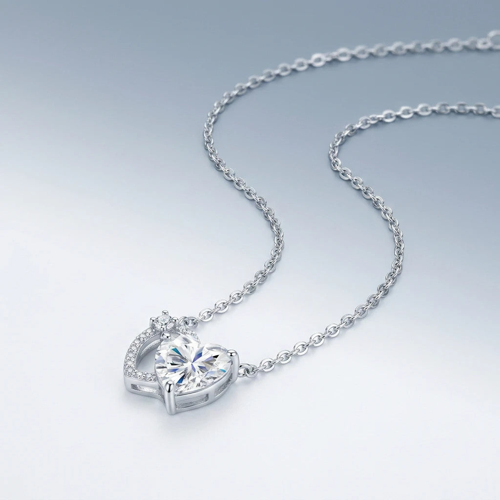 Inseparabile Moissanite Double Heart Necklace in Sterling Silver, styled product photo