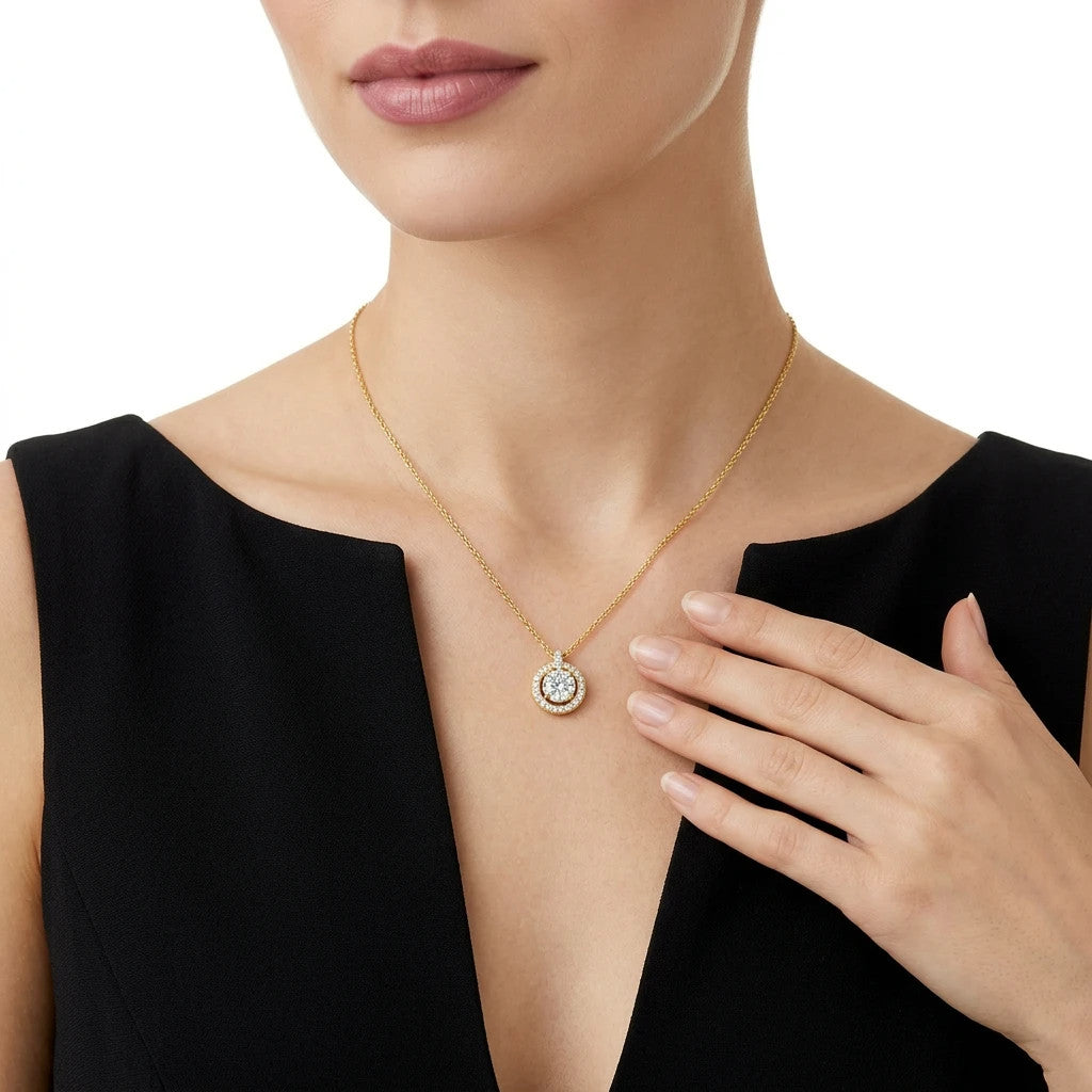Gloria 1 Carat Moissanite Halo Necklace in Gold-Tone Sterling Silver, shown worn