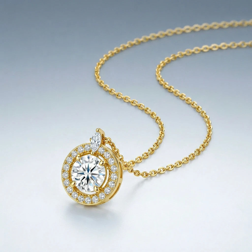 Gloria 1 Carat Moissanite Halo Necklace in Gold-Tone Sterling Silver, styled product photo