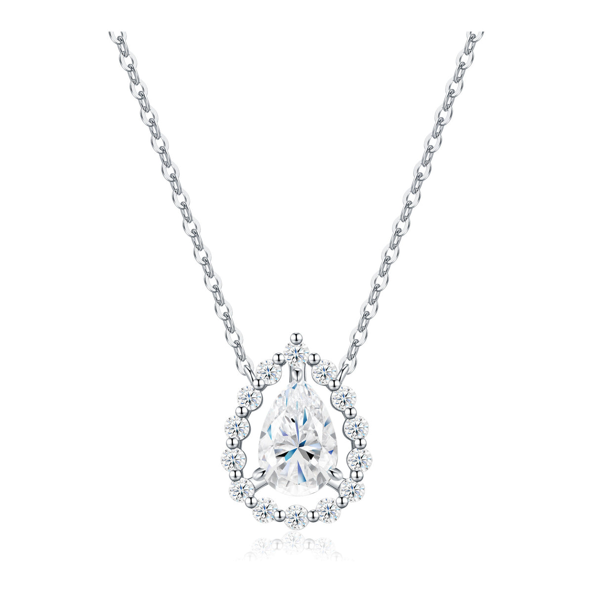 Iridata Pear-Cut Moissanite Halo Pendant Necklace in Sterling Silver
