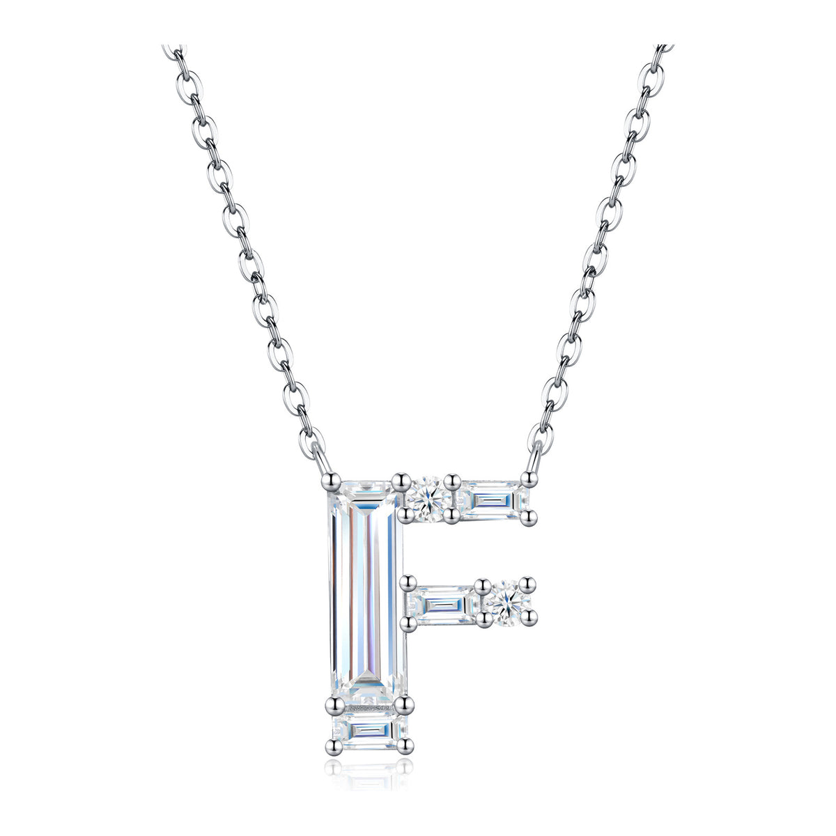 Initial F Moissanite Baguette Necklace in Sterling Silver