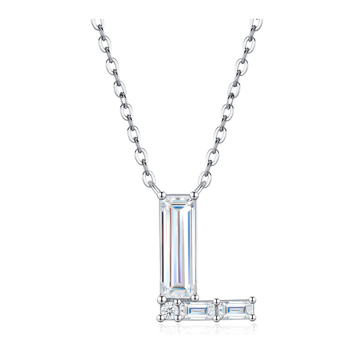 Initial L Moissanite Baguette Necklace in Sterling Silver