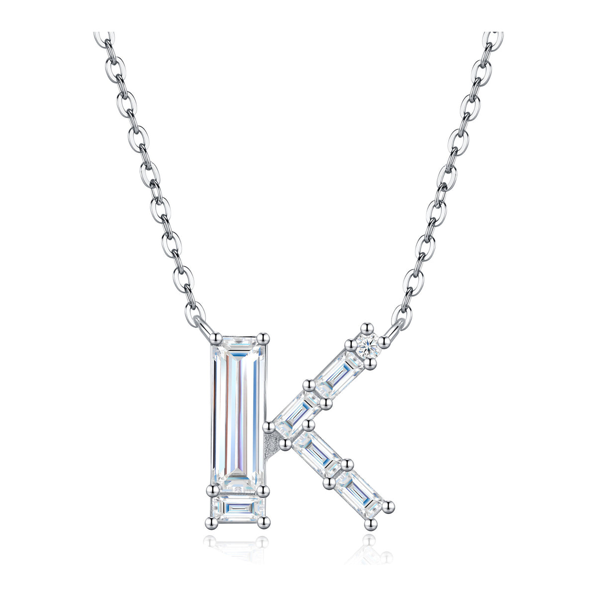 Initial K Moissanite Baguette Necklace in Sterling Silver