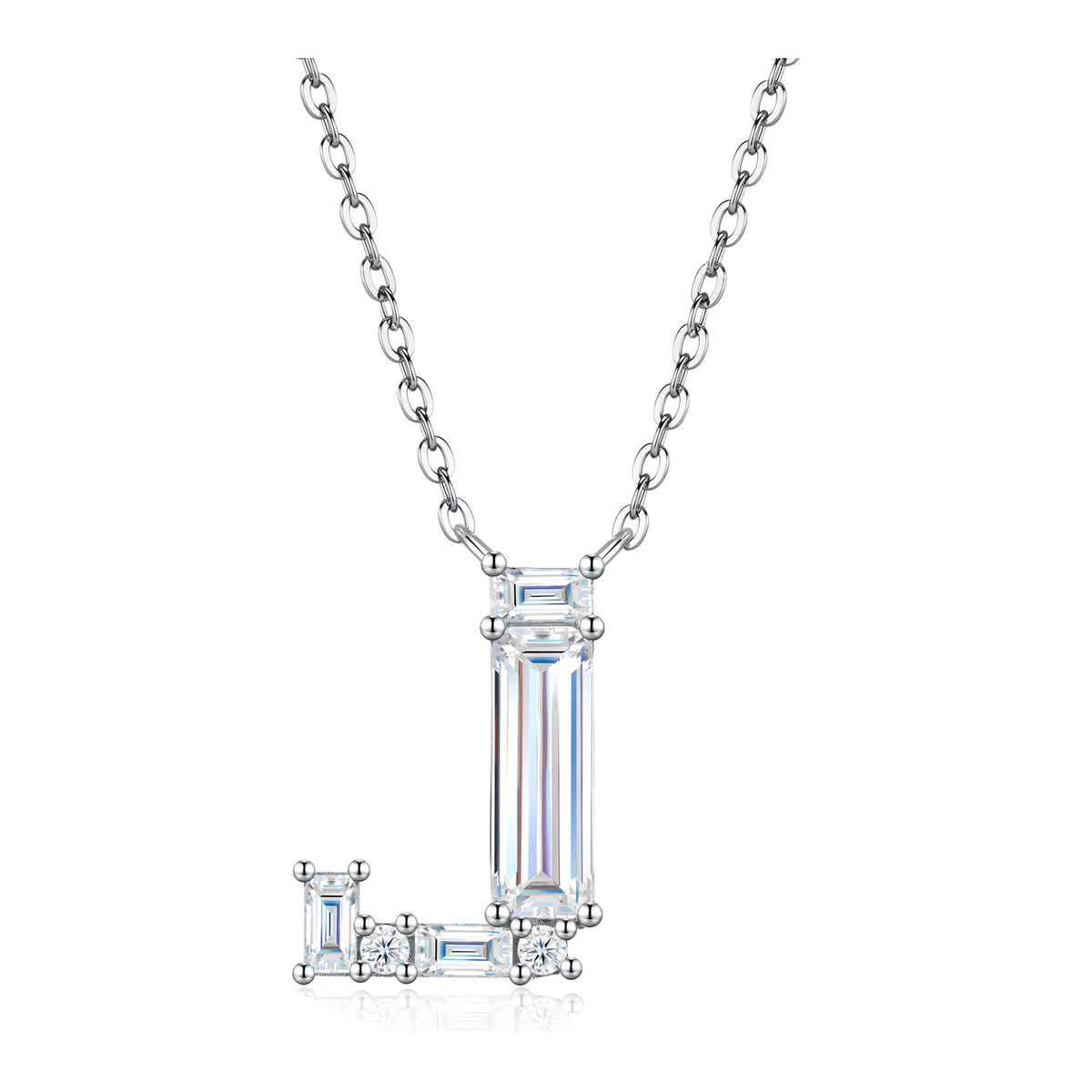 Initial J Moissanite Baguette Necklace in Sterling Silver