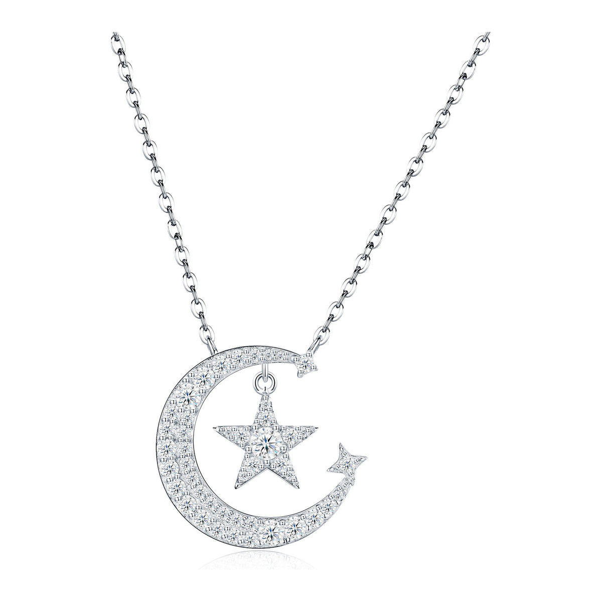 Lunaria Moissanite Moon and Star Necklace in Sterling Silver