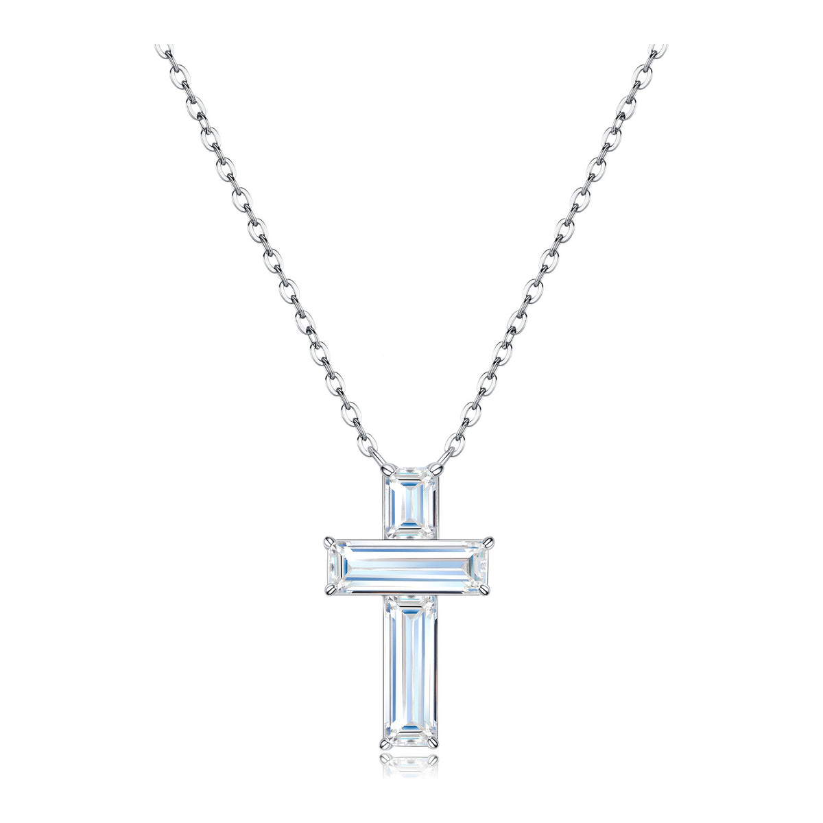 Laudate Emerald-Cut Moissanite Cross Necklace in Sterling Silver