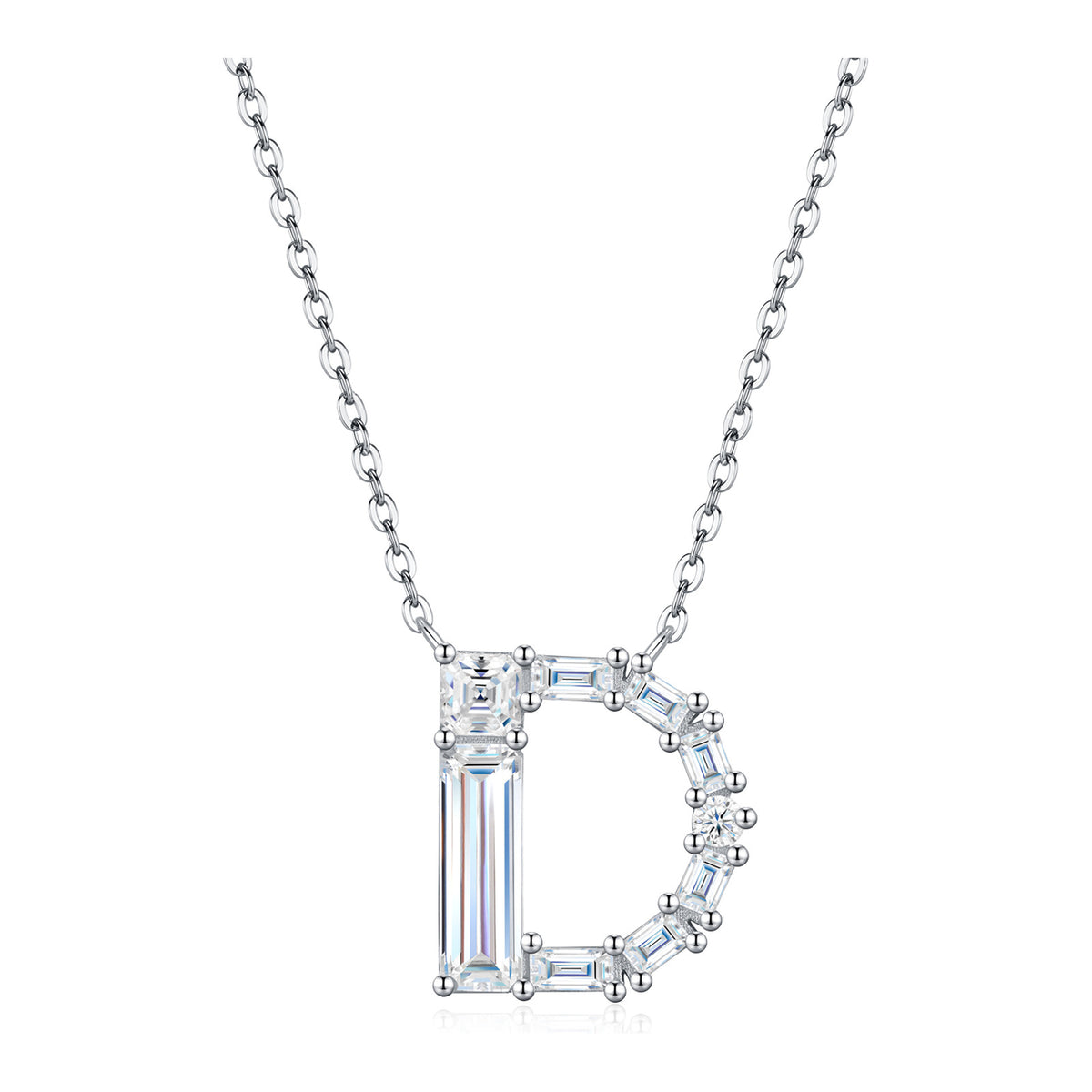 Initial D Moissanite Baguette Necklace in Sterling Silver