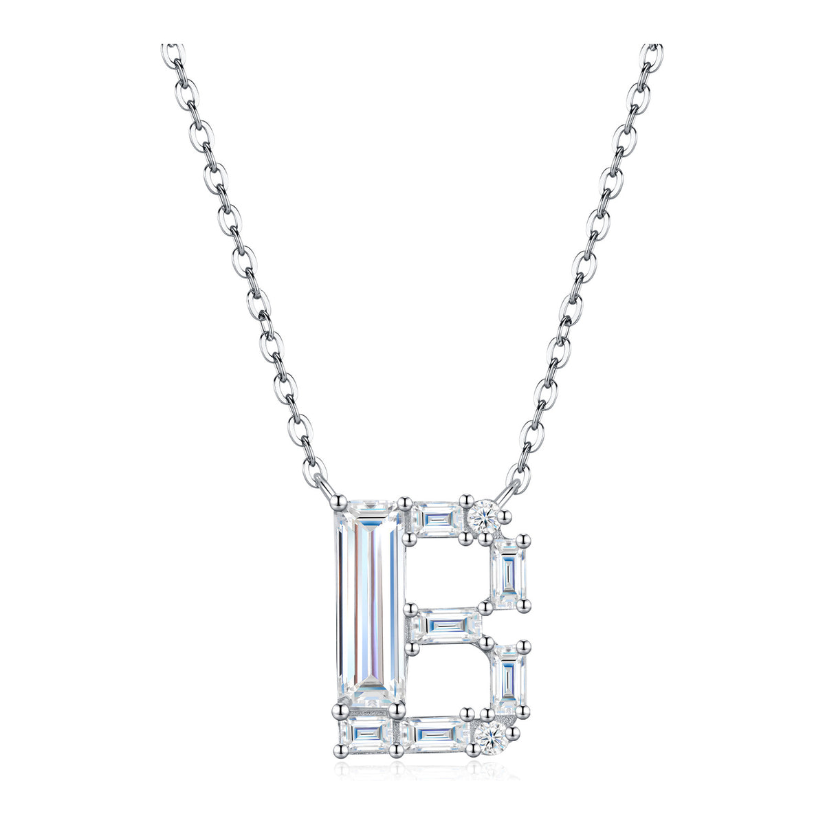 Initial B Moissanite Baguette Necklace in Sterling Silver