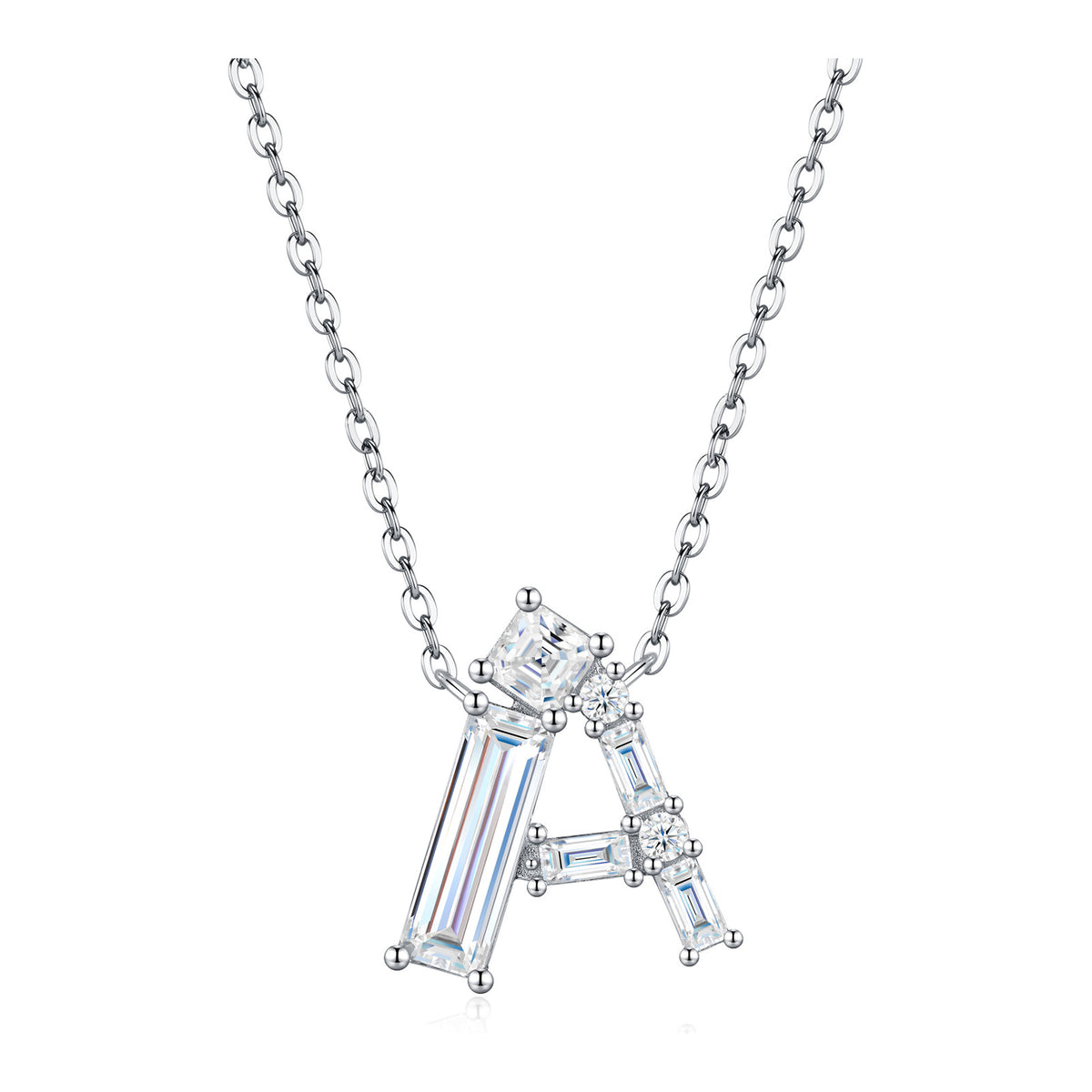 Initial A Moissanite Baguette Necklace in Sterling Silver