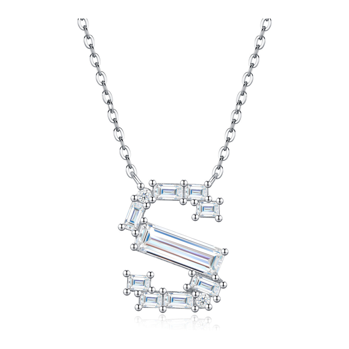 Initial S Moissanite Baguette Necklace in Sterling Silver