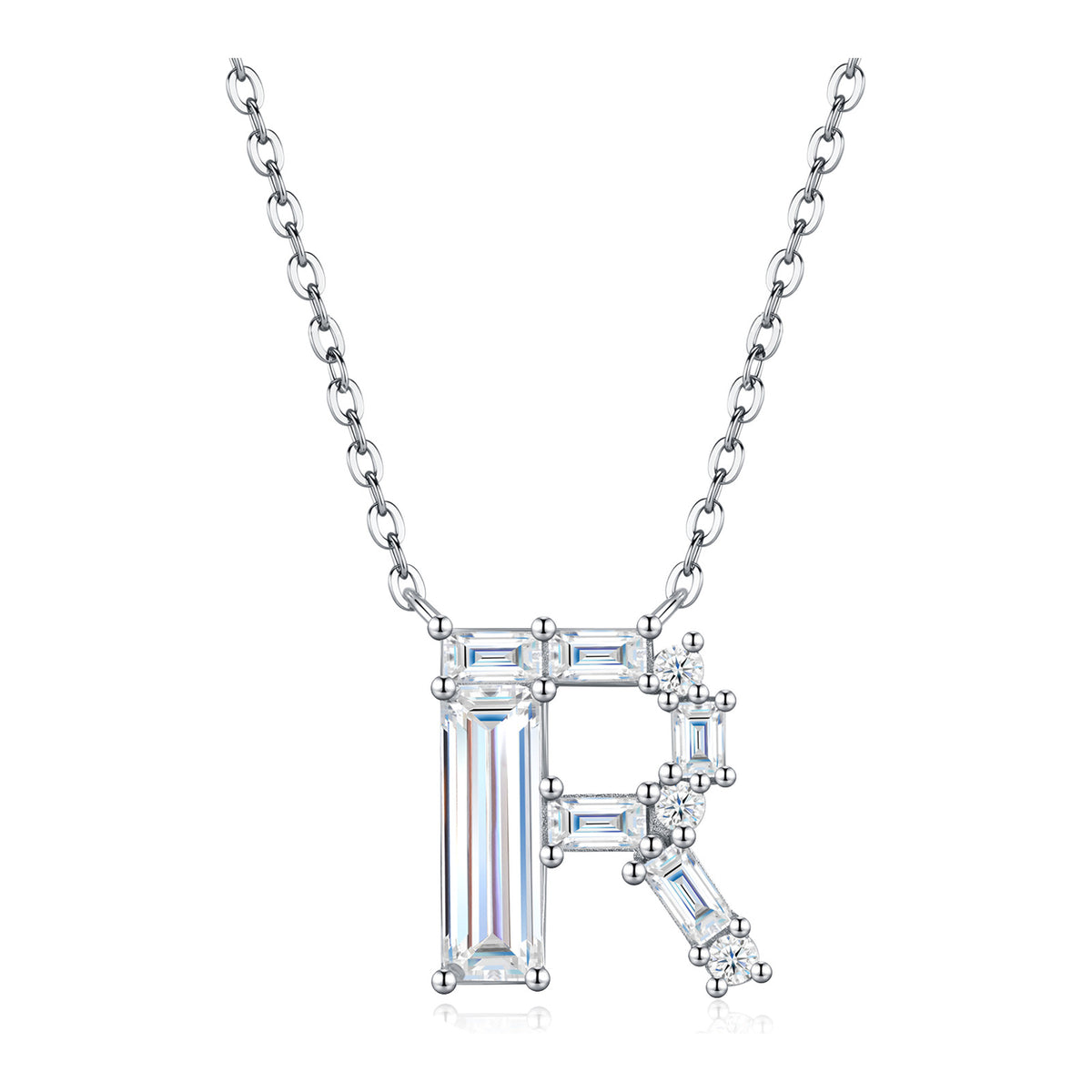 Initial R Moissanite Baguette Necklace in Sterling Silver