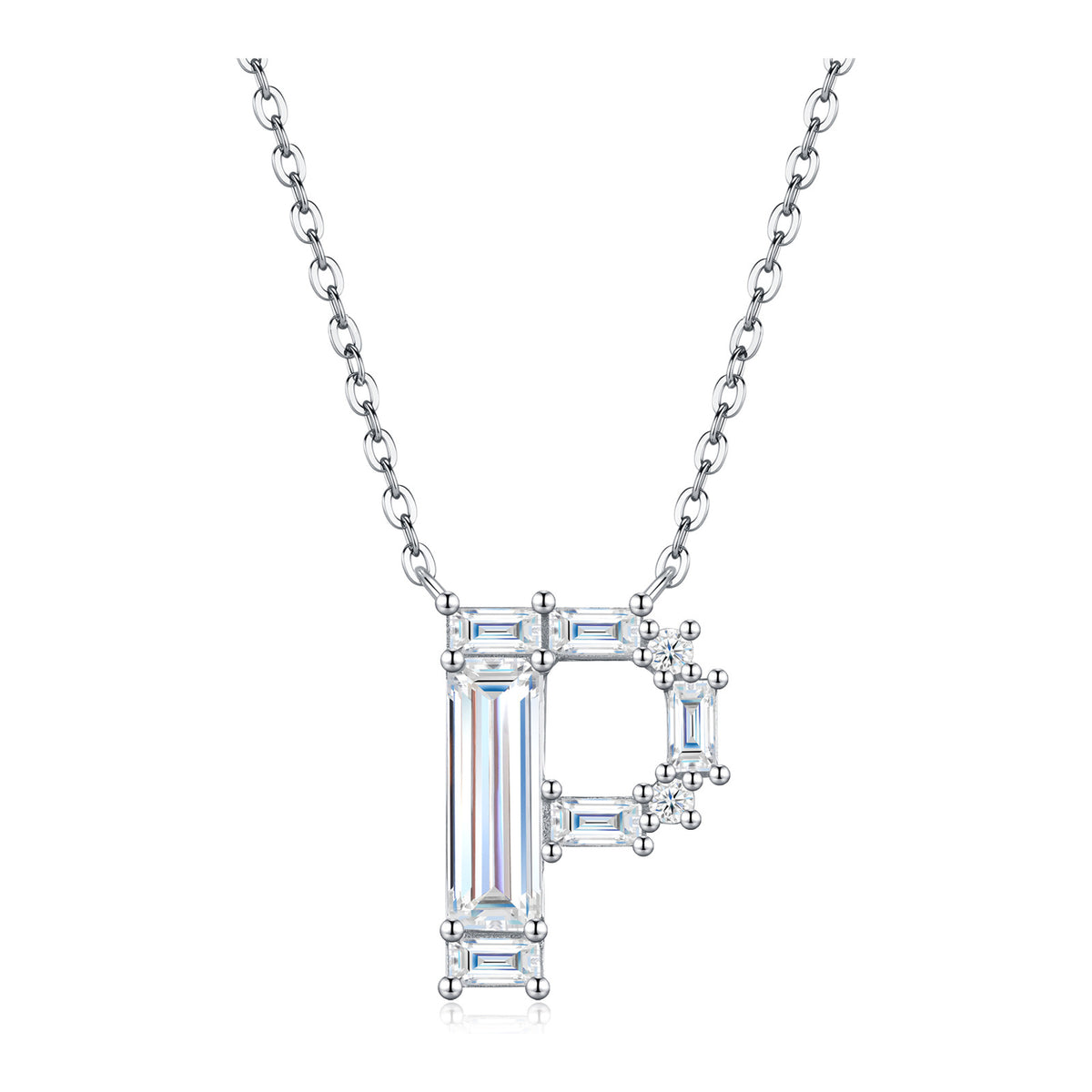 Initial P Moissanite Baguette Necklace in Sterling Silver
