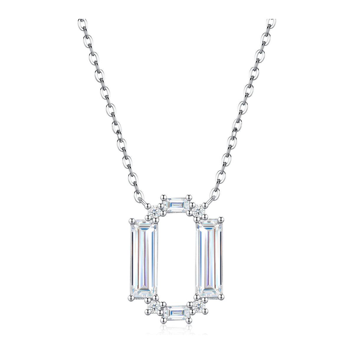Initial O Moissanite Baguette Necklace in Sterling Silver