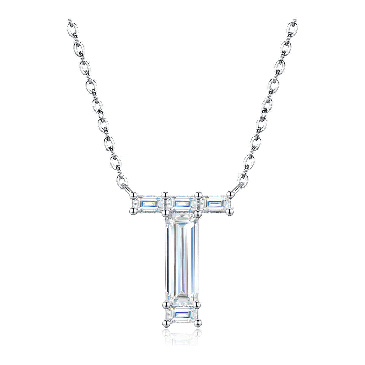 Initial T Moissanite Baguette Necklace in Sterling Silver