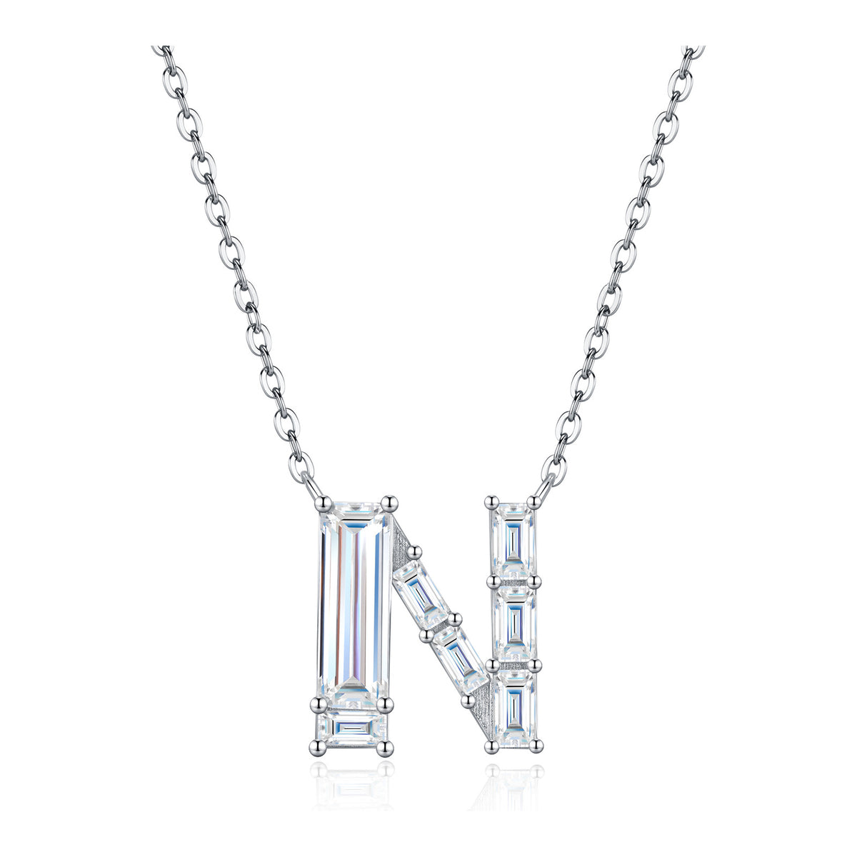 Initial N Moissanite Baguette Necklace in Sterling Silver
