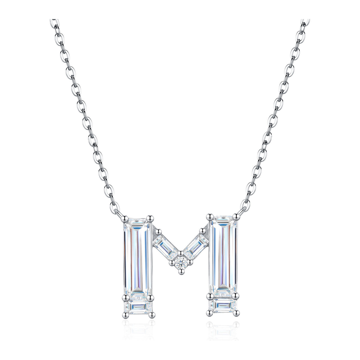 Initial M Moissanite Baguette Necklace in Sterling Silver