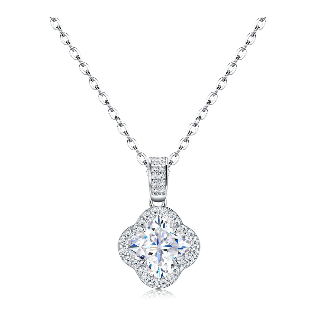 Jubilee Moissanite Clover Halo Pendant Necklace in Sterling Silver