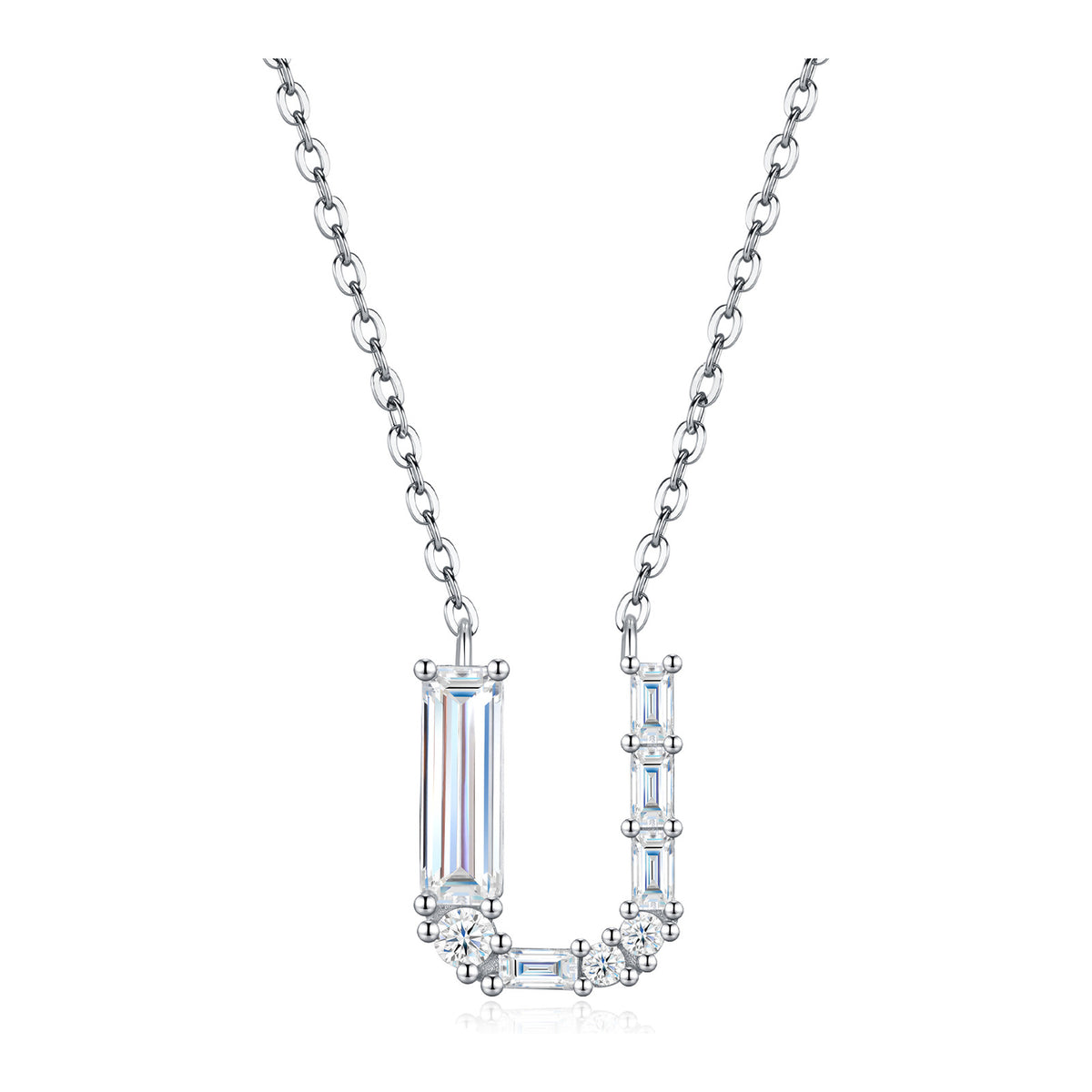 Initial U Moissanite Baguette Necklace in Sterling Silver