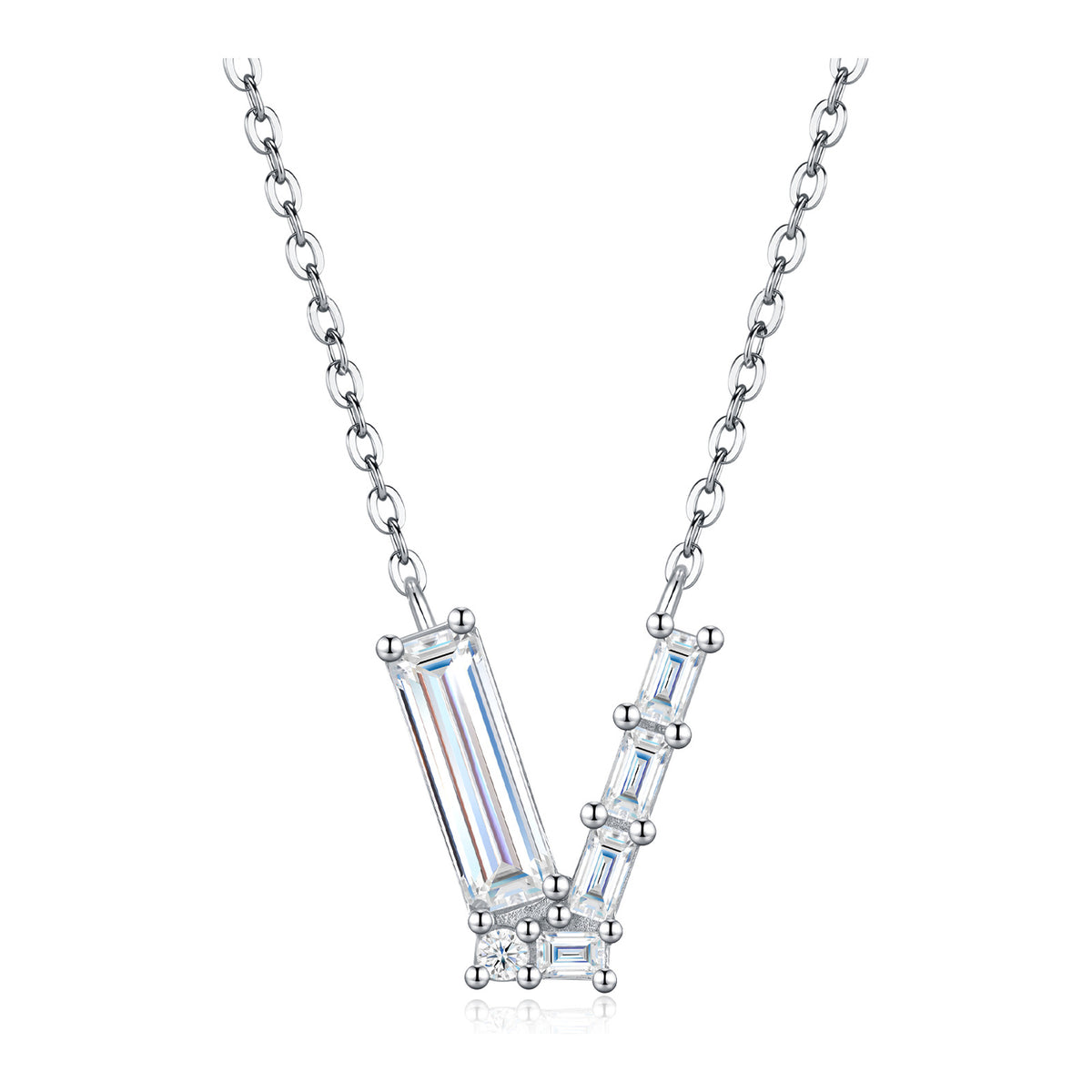 Initial V Moissanite Baguette Necklace in Sterling Silver
