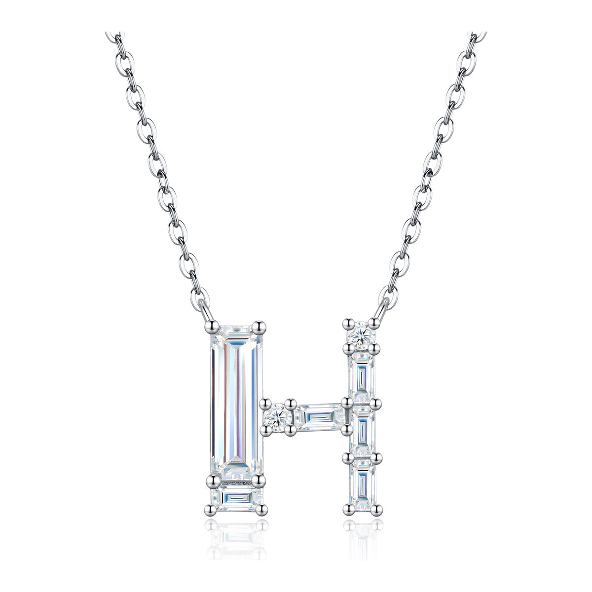 Initial H Moissanite Baguette Necklace in Sterling Silver