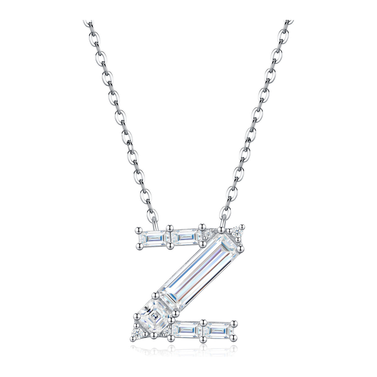 Initial Z Moissanite Baguette Necklace in Sterling Silver