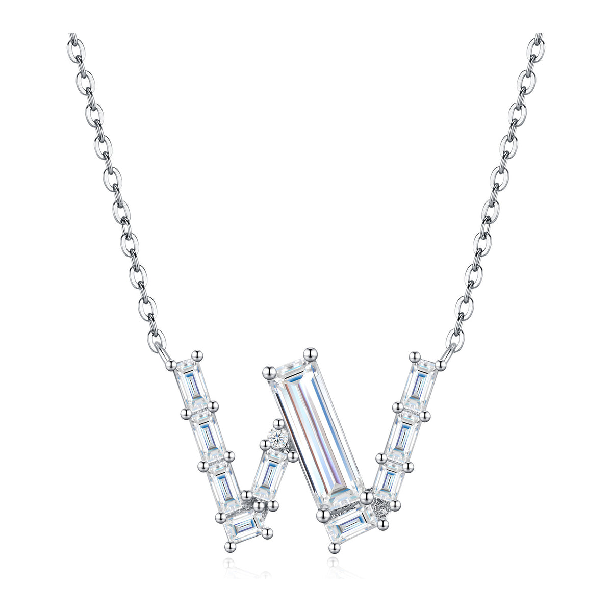 Initial W Moissanite Baguette Necklace in Sterling Silver