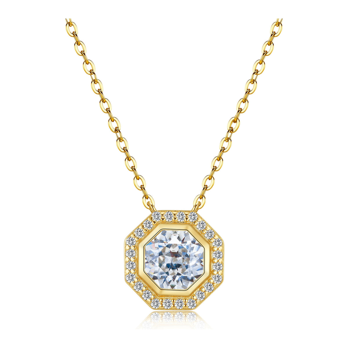 Lanterna Octagon Moissanite Halo Necklace in Gold-Tone Sterling Silver