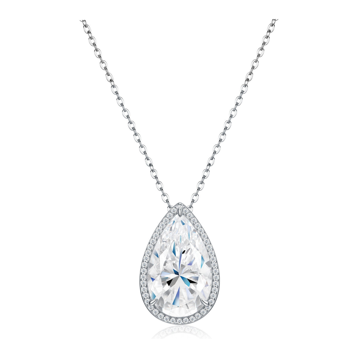 Lucore Pear-Cut Moissanite Halo Pendant Necklace in Sterling Silver