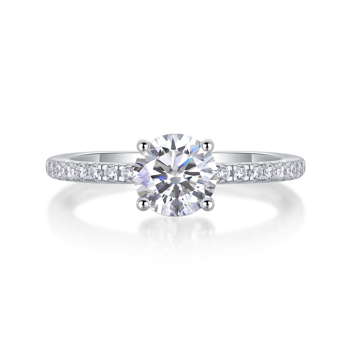 Kindred Round Moissanite Solitaire Engagement Ring in Sterling Silver, product photo on white background