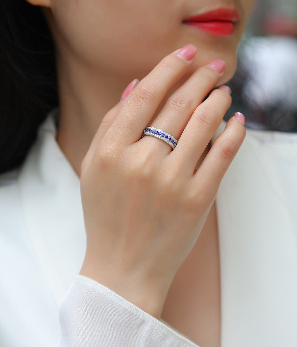 Oltremare Lab-Created Sapphire Eternity Band Ring in Sterling Silver, shown worn